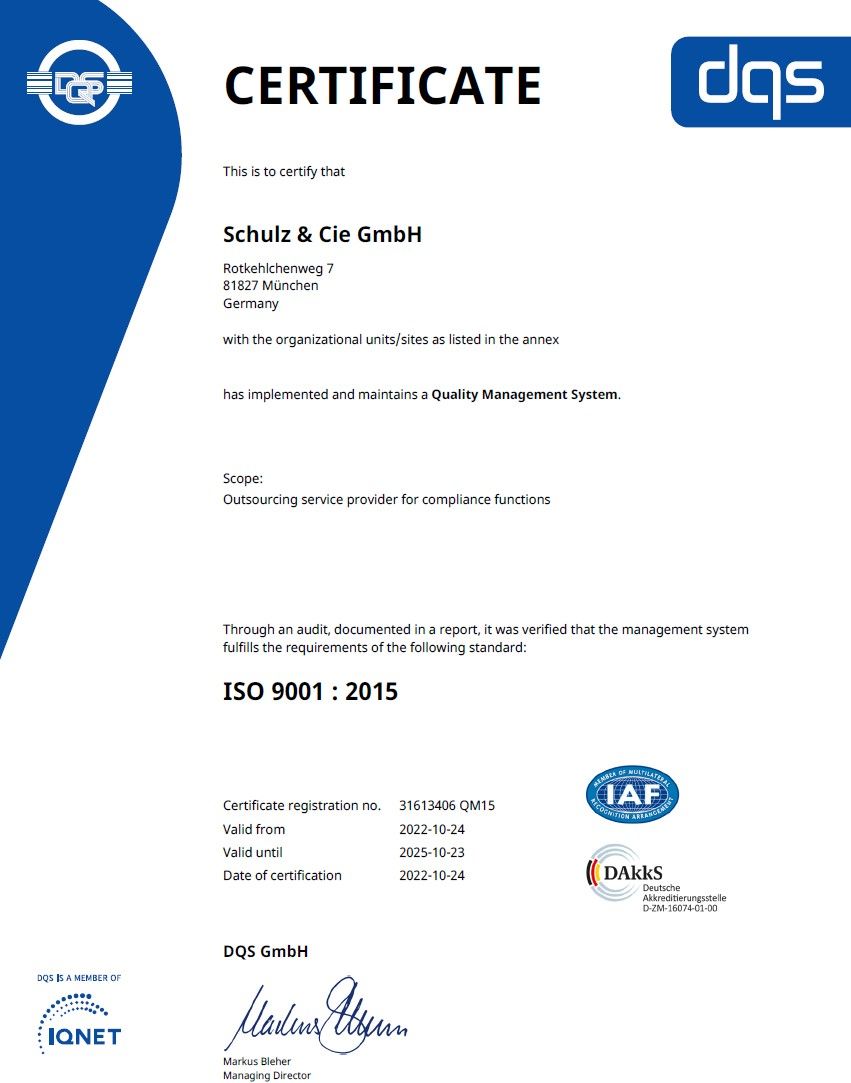 S+P Compliance Services is certified according to ISO 9001:2015