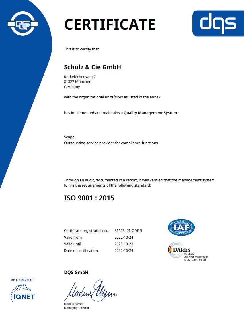 S+P Compliance Services is certified according to ISO 9001:2015